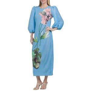 NANCY YANG Puff Sleeve Crinkled Floral Maxi Dress
